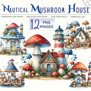 Pode incluir: Um conjunto de 12 ilustrações digitais de casas de cogumelos caprichosas com temas náuticos. As casas são decoradas com listras azuis e brancas, listras vermelhas e brancas e bolinhas vermelhas e brancas. Algumas casas têm um farol no topo, enquanto outras têm um pequeno barco ou uma gaivota.