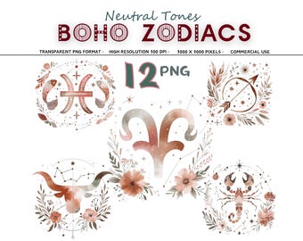 Pink Boho Zodiac Signs with Flowers Png Bundle, Painting Style Elements, Abstract Line Art Floral Astrology, Commercial Use Digital Download