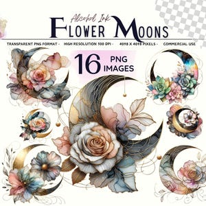 Flower Moon Clipart Png, 16 Botanical Chic Moons Graphics, Pastel Colors, Gold Abstract Line Art, Digital Images Set, Commerical Use Pngs