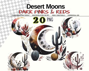 Cresent Moons Png Clipart Bundle - 20 Boho Chic Celestial Dark Desert Art, Desert Cactus Landscape, Instant Digital Download, Commercial Use