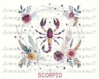 May include: Watercolor illustration of the Scorpio zodiac sign. The image features a geometric scorpion in shades of purple, surrounded by floral elements, constellations, and the word "SCORPIO" in a stylized font. The design is set against a white background.