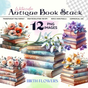 Può includere: Illustrazione ad acquerello di pile di libri antichi adornate di fiori. L'immagine include il testo "Antique Book Stack" e "12 PNG Images". Le pile sono decorate con papaveri, rose e narcisi.