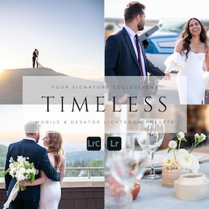 May include: Four signature collections of Lightroom presets called "TIMELESS" for mobile and desktop. The presets are for photographers and feature a lightroom logo with the letters "Lrc" and "Lr".