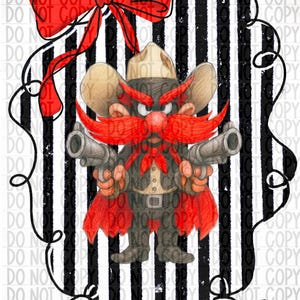 Op de afbeelding: Een cartoon illustratie van een personage met een grote rode snor en twee pistolen. Het personage draagt een cowboyhoed en een rode cape. De tekst "WRECK'EM" staat op een banner tegen een zwart-wit gestreepte achtergrond.