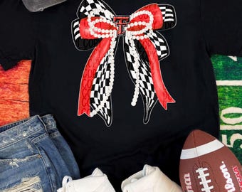 Texas Tech Bogen PNG | Rot & Schwarz karierte Schleife mit Perlen | TTU Digitaler Download | Spieltag PNG | Sublimationsdesign