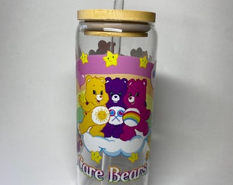 80’s bears that care 20oz glass can with lid and straw