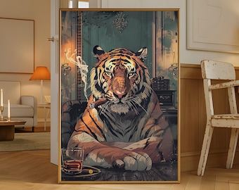 Masculine Tiger Wall Art Print, Mid Century Modern Man Cave Decor, Bold Printable Wall Art Gift, Tiger Poster for Masculine Decor