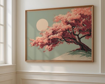 Japanese Cherry Blossom Wall Art, Digital Sakura Tree Print, Japandi Printable Wall Art, Minimal Cherry Blossom Decor, Large Wall Art