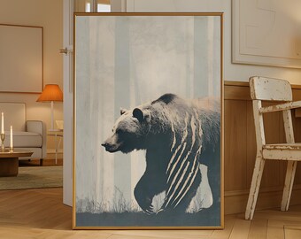 Masculine Bear Wall Art Print, Mid Century Modern Man Cave Decor, Printable Masculine Wall Art Gift, Gift for Him, Boyfriend Gift