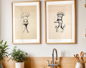 Kitchen Wall Art Set of 2, Duck Prints, Printable Wall Art, Trendy Kitchen Decor, Funky Wall Art