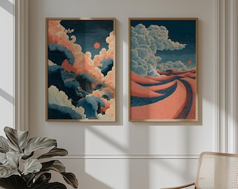 Japanese Wall Art Set of 2, Blue Waves Japandi Art, Printable Wall Art, Japanese Landscape Art, Wabi Sabi Wall Art, Trendy Wall Art