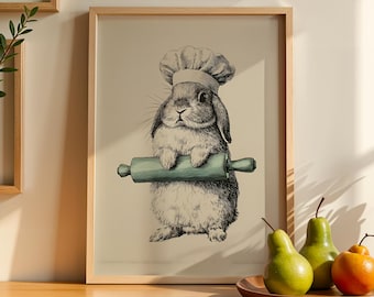 Funky Rabbit Kitchen Wall Art Printable, Preppy Bunny Illustration, Kitchen Wall Decor Digital Sage Green Wall Art