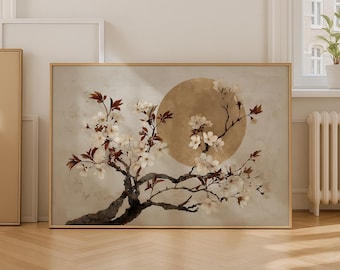 Japandi Wall Art, Cherry Blossom Print, Japanese Wall Art, Neutral Botanical Boho Decor, Gold Sun Poster, Large Printable Art