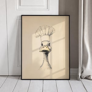 Funny Duck Chef Wearing a Tall Hat Kitchen Wall Art, Neutral Minimalist Animal Kitchen Decor Printable Download