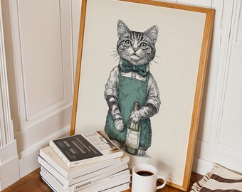 Tabby Cat Kitchen Art, Sage Green Printable Wall Decor, Funky Maximalist Cat Illustration, Digital Print, Funny Wall Art