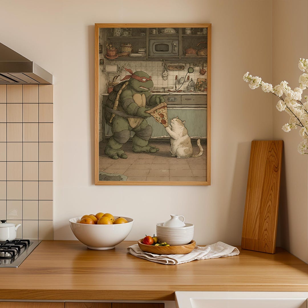Funny Wall Art Printable – Ninja Turtles Kitchen Decor With Cat, Food ...