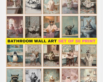 Bathroom Wall Art Set of 50 Print, Funny Bathroom Wall Art, Gallery Wall Set,Printable Wall Art, Funny Bathroom Signs