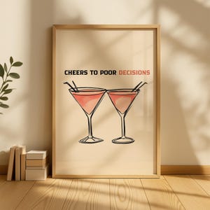 Póster de cóctel "Cheers", decoración de carrito de bar, impresión de "Cheers", decoración de apartamentos, arte mural preppy, impresión de cócteles, impresiones de alcohol, impresión de martini