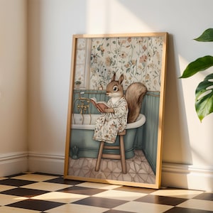 Squirrel Reading in Bathroom Art Print: Funny Animal Wall Decor (Digital Download