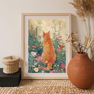 Żółty kot na ścianę - Kolorowy wystrój boho zwierząt, ilustracja botaniczna i kwiatowa, cyfrowa sztuka inspirowana naturą dla miłośników kotów, sztuka domowa