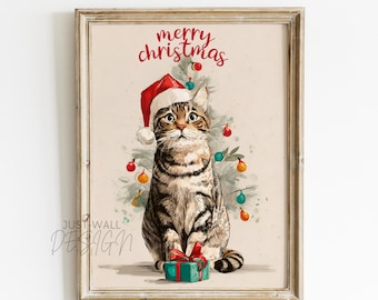 Cute Cat Christmas Wall Art, Vintage Christmas Decor, Holiday Printable Art, Christmas Poster, Christmas Gifts, Festive Home Decor