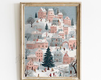 PRINTABLE Christmas Village Print, Christmas Wall Art, Holiday Decor, Christmas Poster, Winter Town Art, Cozy Christmas Gifts