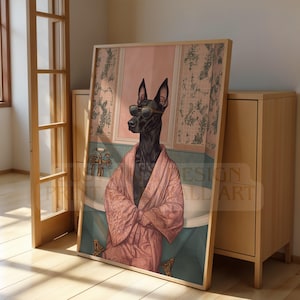 Doberman Bathroom Poster - Bathroom Prints with Doberman in Robe - Funny Bathroom Wall Art - Doberman Prints - Bathroom Wall Decor