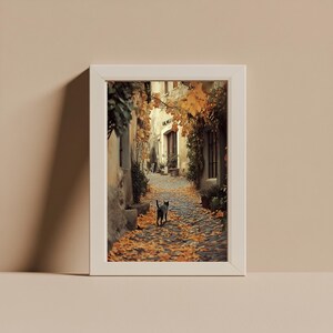 Stampa artistica di scena di strada con gatto nero in autunno (download digitale)
