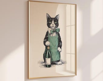 Tuxedo Cat Wall Art Printable, Funky Kitchen Wall Art, Digital Print, Maximalist Cat Illustration, Funny Cat Poster