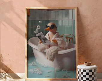 Impresión de un pato divertido en la bañera: Arte vintage para baño (descarga digital)