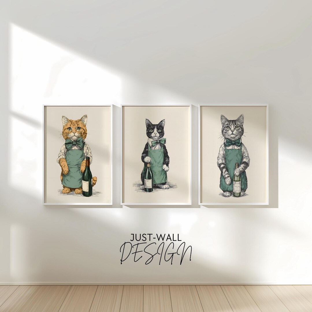 Cat Wall Art Set of 3, Kitchen Wall Art, Cat Posters, Printable Wall ...