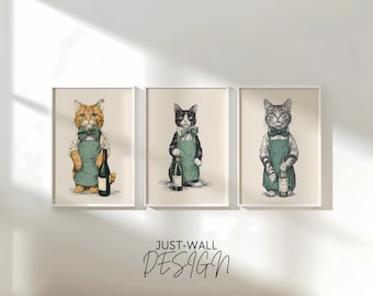 Cat Wall Art Set of 3, Kitchen Wall Art, Cat Posters, Printable Wall Art, 3 Piece Wall Art, Set of 3 Prints