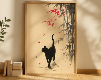 Japanese Cat Art Print – Japandi Black Cat Wall Decor, Aesthetic Printable Wall Art for Japanese-Inspired Homes