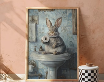 Funny Bathroom Wall Art – Printable Wall Art, Rabbit with Toilet Paper – Quirky Animal Bathroom Art, Bathroom Prints and Poster