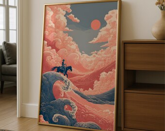 Japanese Wave Western Wall Art, Mid Century Modern Cowboy Print, Abstract Western Artwork, Printable Wall Art, Modern Wall Decor