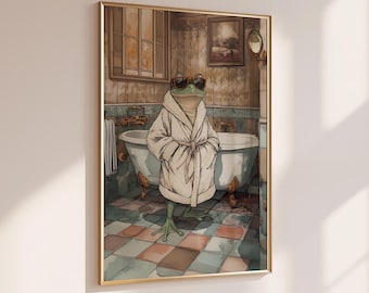 Funny Frog Bathroom Print: Vintage Toilet Wall Art, Funny Animal Prints