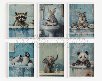 May include: Six framed art prints depicting animals in bathtubs. The animals are a raccoon, rabbit, wolf family, penguins, elephant, and panda. The artwork has a vintage, watercolour style with a blue and white colour scheme.