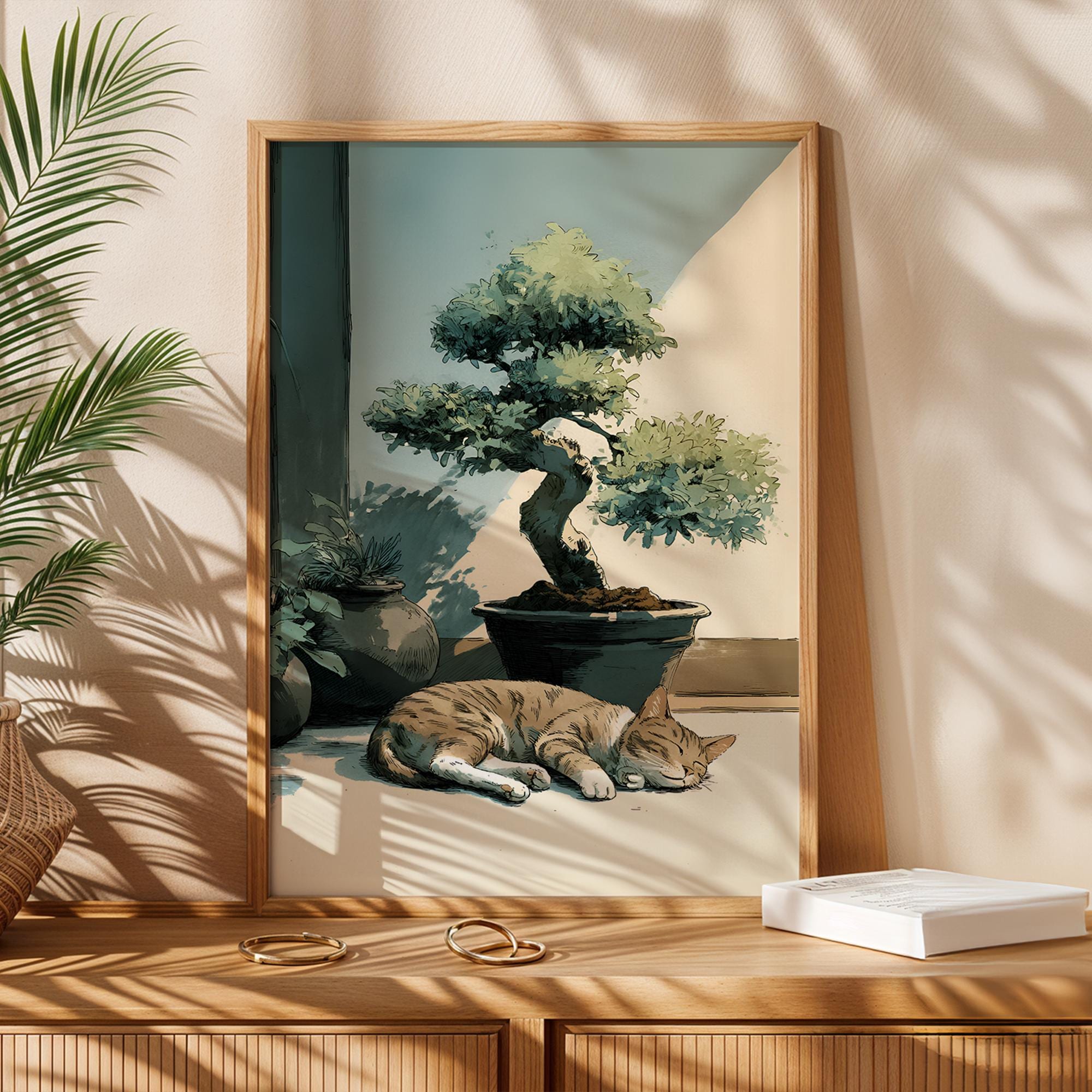 Japanische Katze Art Printable, Japandi Bonsai Art mit schlafender Katze -  sthetischer japanischer Druck fr Wohnkultur - Etsy.de