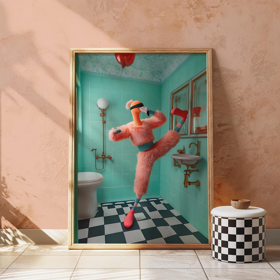 Funny Bathroom Wall Art - Retro Flamingo Poster - Bathroom Prints ...