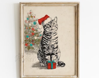 Cat Christmas Wall Art, Vintage Christmas Decor, Holiday Printable Art, Christmas Poster, Christmas Gifts, Cozy Holiday Wall Decor