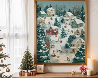 Holiday Village Wall Art, Christmas Decor, Vintage Christmas Poster, Winter Wonderland Print, Christmas Gifts, Festive Wall Art, Home Decor
