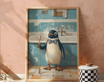 Funny Bathroom Wall Art - Quirky Bathroom Prints for Kids & Adults - Penguin Poster for Bathroom Decor - Cute Animal Wall Art