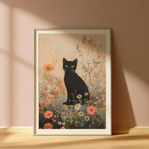 Black Cat Vintage Wall Art, Aesthetic Cat Prints, Floral Cat Poster, Digital Cat Art, Cute Cat Wall Decor, Printable Cat Illustration