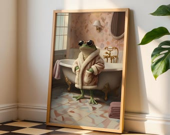Stampe di rane da parete per il bagno - Divertente poster retrò di rane - Stampe di rane da toilette eccentriche - Decorazioni murali con rane per il bagno - Stampe artistiche per il bagno