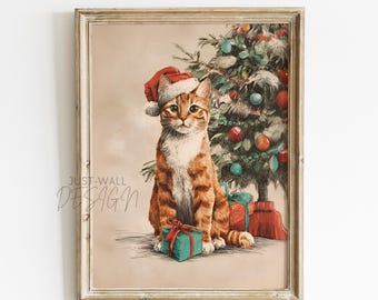 PRINTABLE Christmas Cat Wall Art, Vintage Holiday Decor, Printable Christmas Poster, Cat Lover Gift, Christmas Printable Art, Cozy Decor