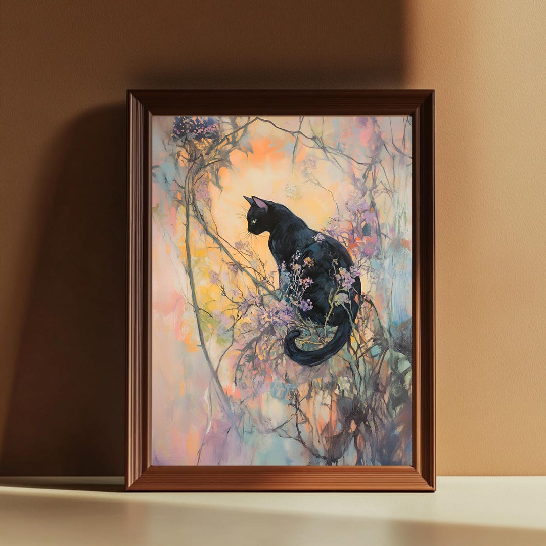 Black Cat Art Print - Abstract Oil Painting Style, Colorful Boho Wall ...