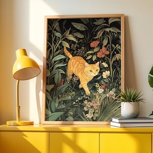 Vintage Cat Wall Art - Boho Floral Cat Poster for Home Decor - Animal Prints - Cat Art Print for Living Room - Botanical Cat Artwork