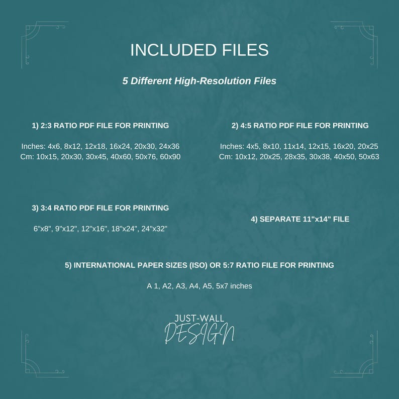 May include: A teal graphic lists included files for wall art prints. The text details 5 high-resolution file options, including sizes in inches and centimeters. The Just-Wall Design logo is at the bottom.