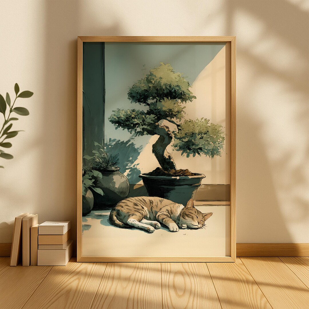 Japanische Katze Art Printable, Japandi Bonsai Art mit schlafender Katze -  sthetischer japanischer Druck fr Wohnkultur - Etsy.de
