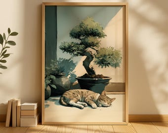 Japanese Cat Art Printable, Japandi Bonsai Art with Sleeping Cat   Aesthetic Japanese Print for Home Decor